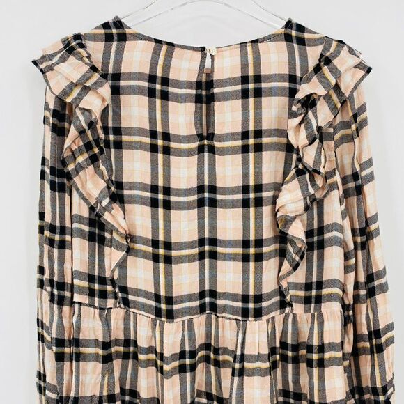 LOFT Size Medium Pink & Black Plaid Ruffled Long Sleeve Keyhole Back Top - Picture 7 of 9